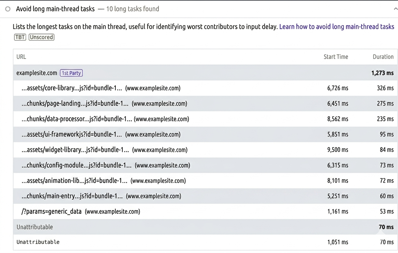 PageSpeed Insights Diagnostics highlighting Avoid long main-thread tasks and related performance audits