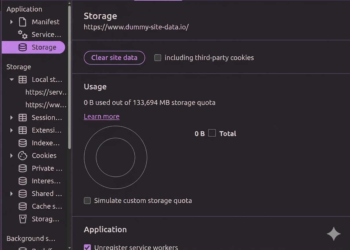 Chrome DevTools Application tab showing Storage and Clear site data