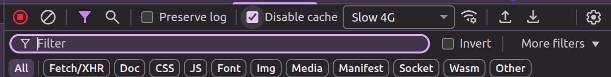 Chrome DevTools Network panel with Disable cache checked and Slow 4G throttling selected