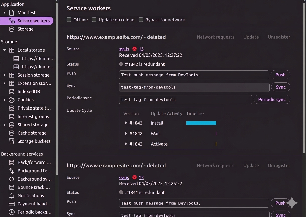 Chrome DevTools Application tab Service Workers with Unregister