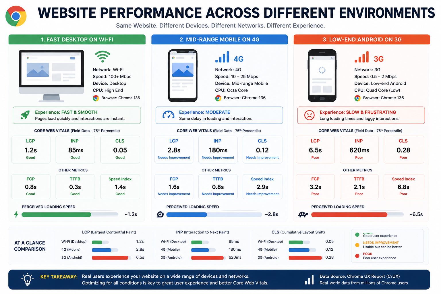 Infographic: site speed and UX varying across desktop Wi-Fi, mobile 4G, and slower networks and devices