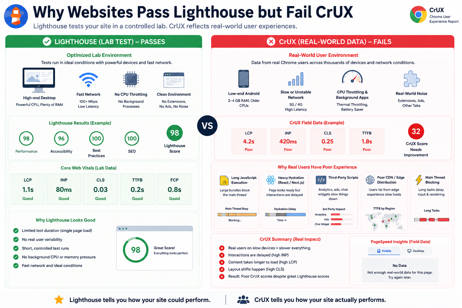 Infographic: why sites can pass Lighthouse in the lab yet fail Core Web Vitals in CrUX - environment and bottleneck comparison