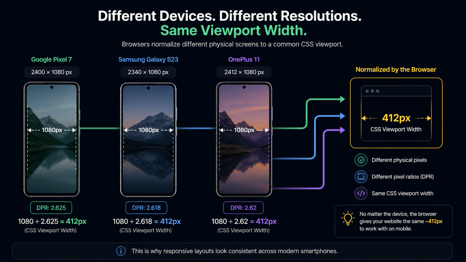 Infographic: Pixel 7, Galaxy S23, and OnePlus 11 with different physical resolutions and DPR all normalizing to about 412px CSS viewport width