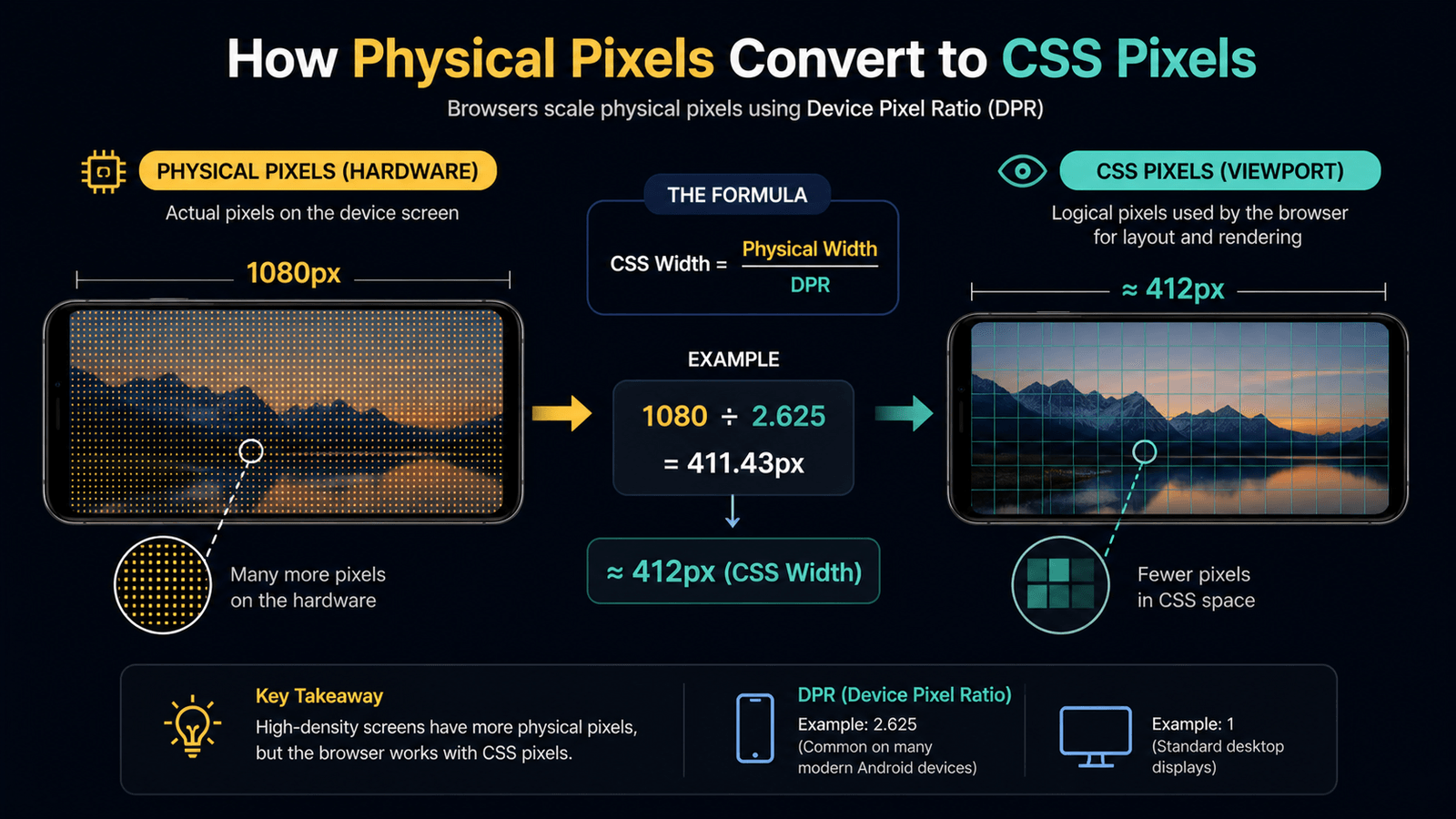 Infographic: how physical width converts to CSS viewport width using DPR - formula CSS width equals physical width divided by DPR, example 1080 ÷ 2.625 ≈ 412px