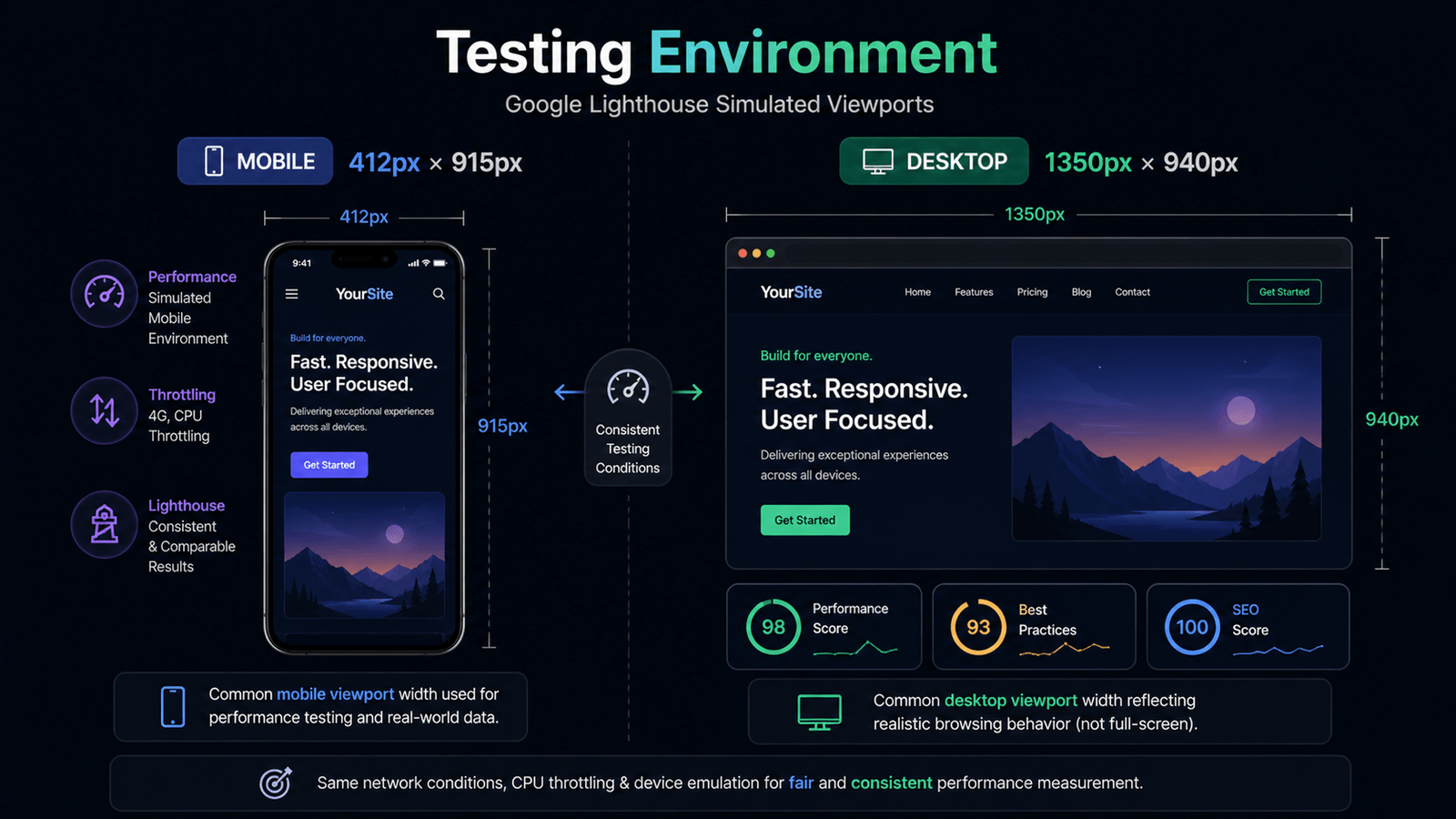 Infographic: Google Lighthouse simulated mobile 412×915px and desktop 1350×940px testing environments with consistent throttling for comparable scores