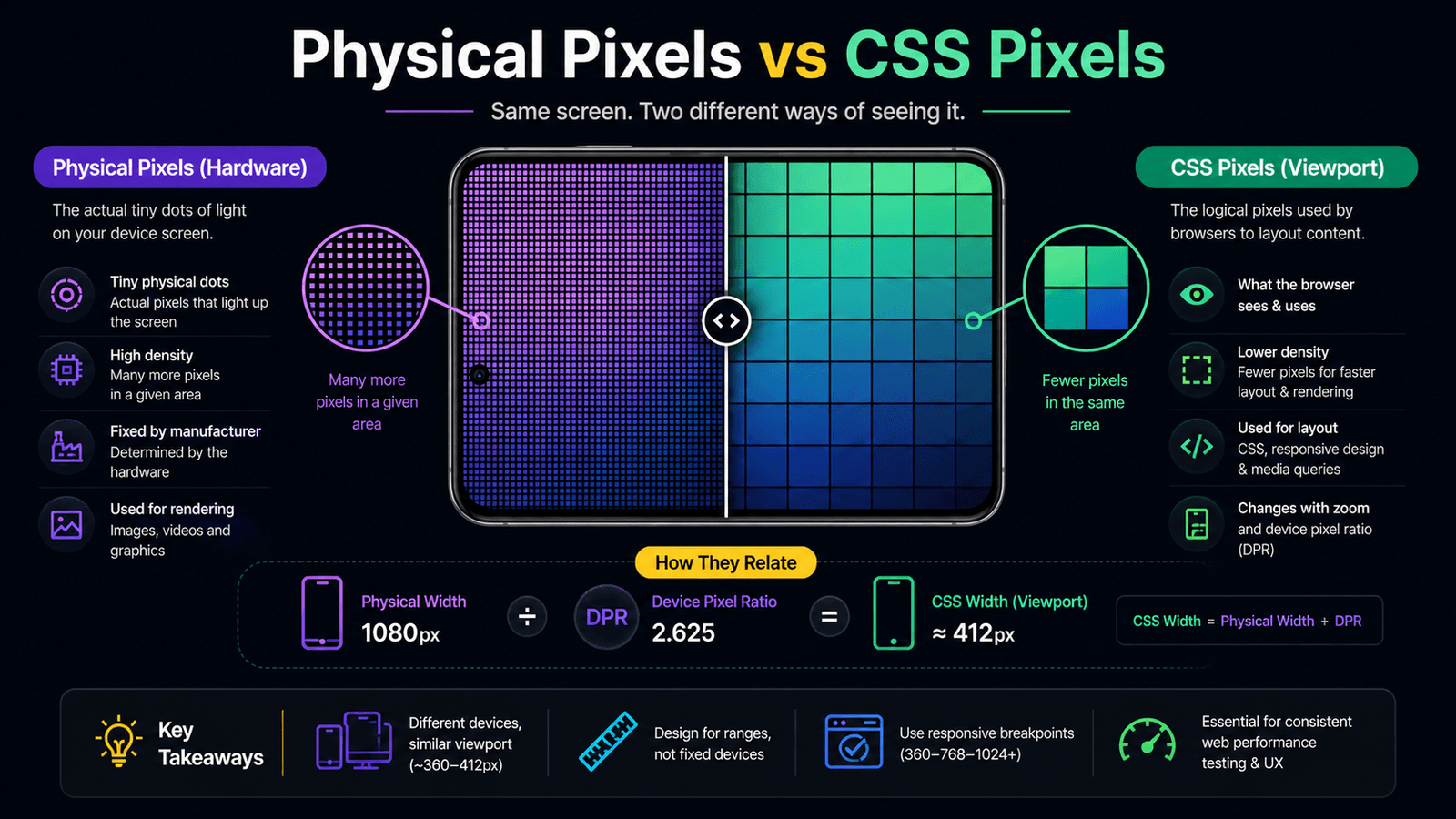 Infographic: physical hardware pixels versus CSS viewport pixels on one screen - dense grid vs fewer logical pixels for layout