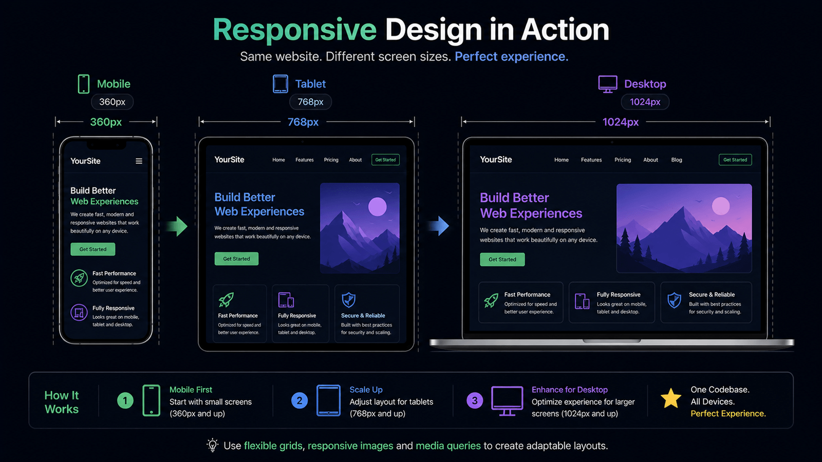 Infographic: responsive layout adapting across mobile 360px, tablet 768px, and desktop 1024px with consistent site chrome