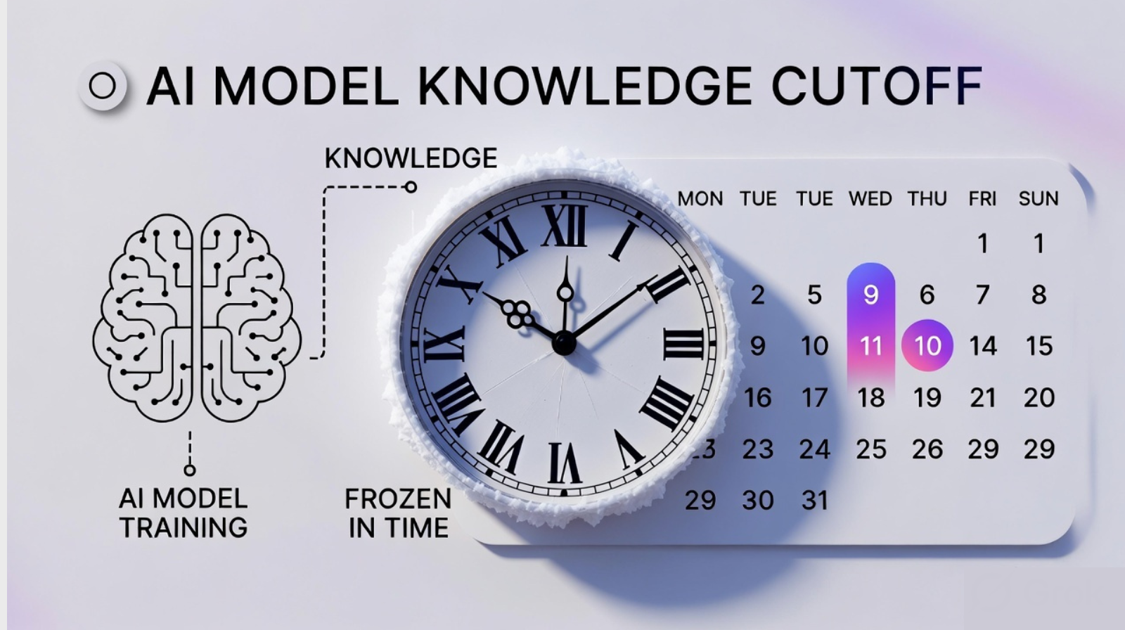 A frozen clock representing AI knowledge cutoff dates - time stops at the training cutoff point